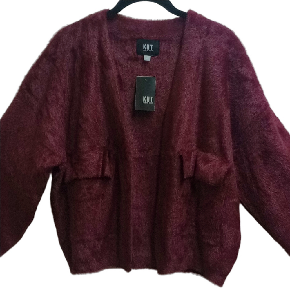 🆕 KUT "JANA" WINE BURGUNDY FUZZY OPEN FRONT CARDIGAN SWEATER WITH POCKETS - Picture 2 of 13